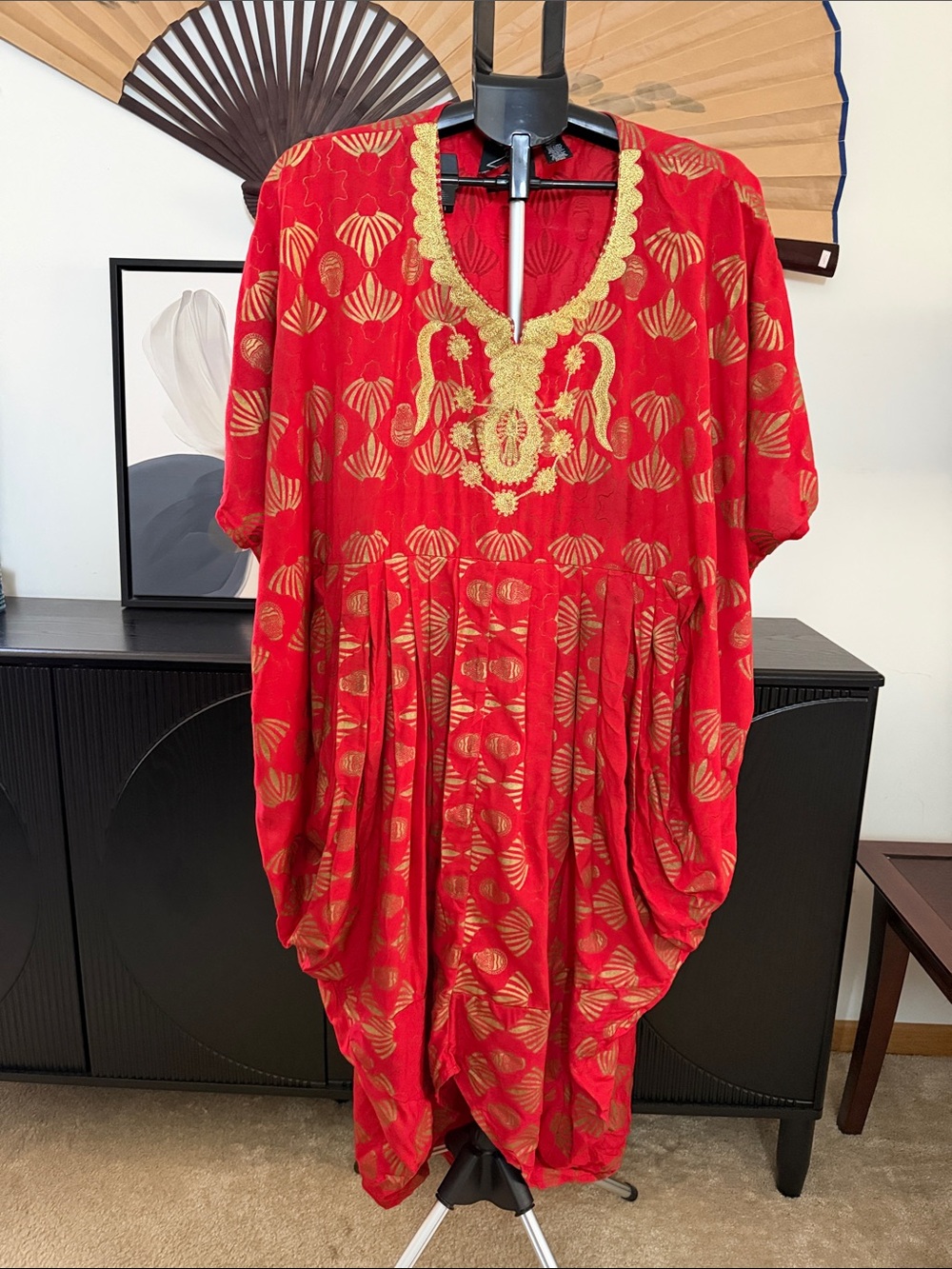 Rare Vintage 90’s Anthony Mark Hankins Red and Gold Dhoti Drape Silhouette Dtess